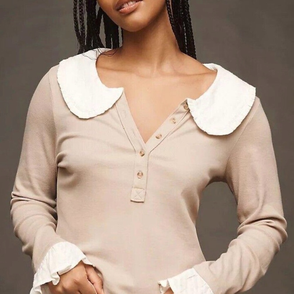 Pilcro Anthropologie Keira Peter Pan Collar Henley Top Size Small Neutral NWT - Picture 2 of 12